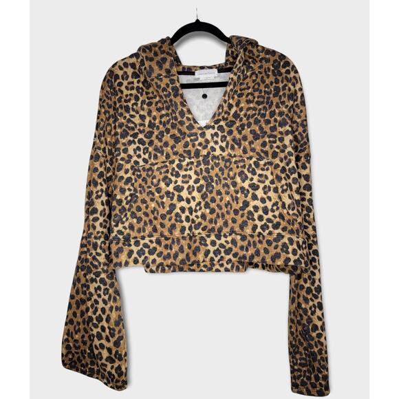 Lovers + Friends Cheetah Bell Sleeve Cropped Oversized French Terry Hoodie Sz L - Picture 4 of 8